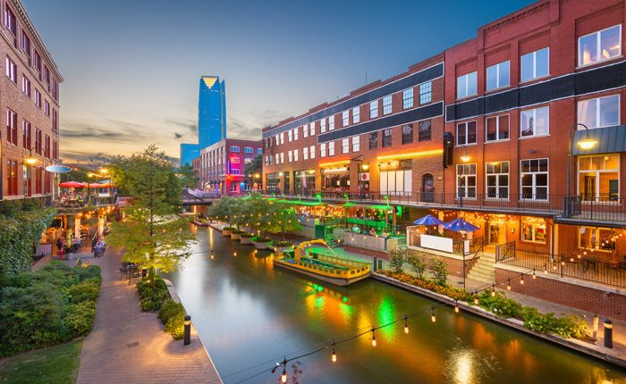 ContactUs_Bricktown Oklahoma's historic Bricktown at sunset, located a few miles west of ES3's Midwest City Office.