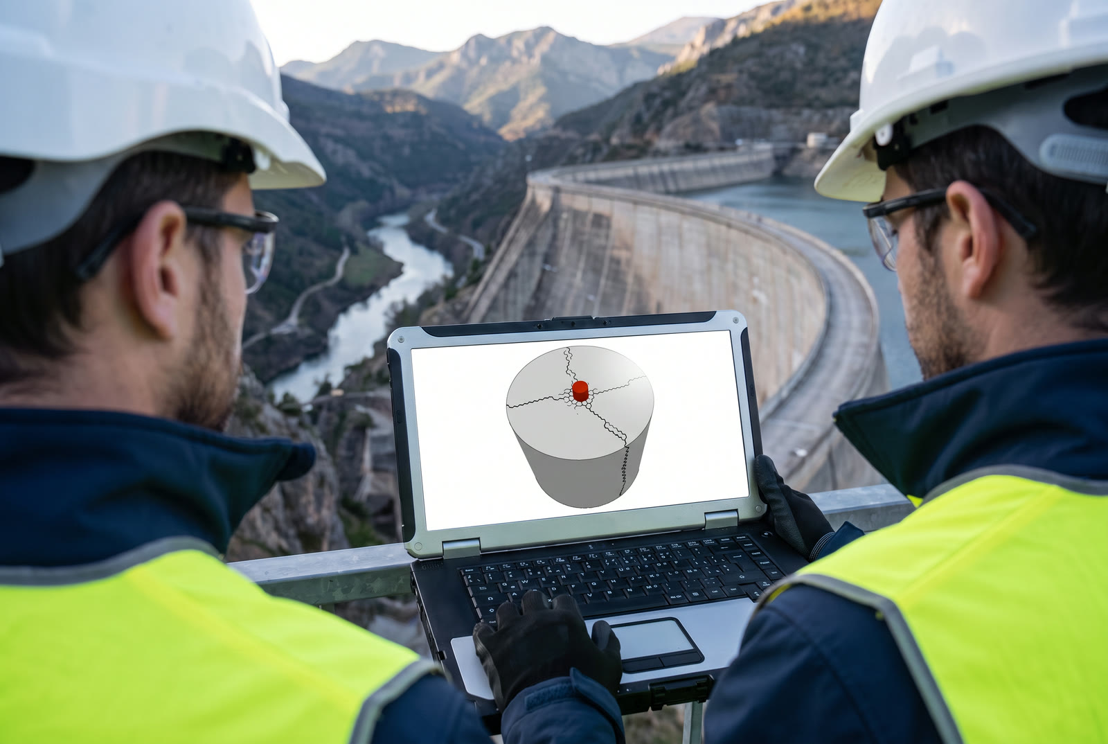 Two engineers in hard hats on a concrete dam reviewing a simulation of a cracked concrete cylinder on a laptop
