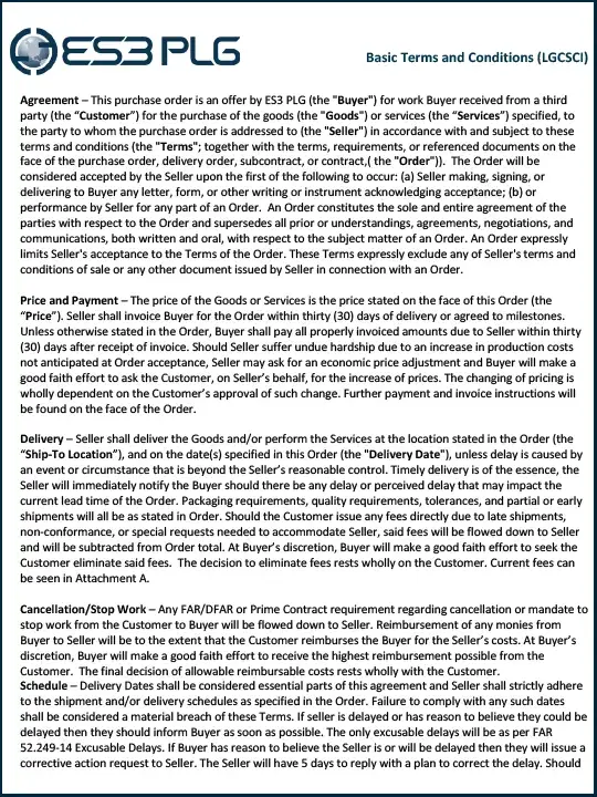 First page of the ES3 PLG Terms & Conditions